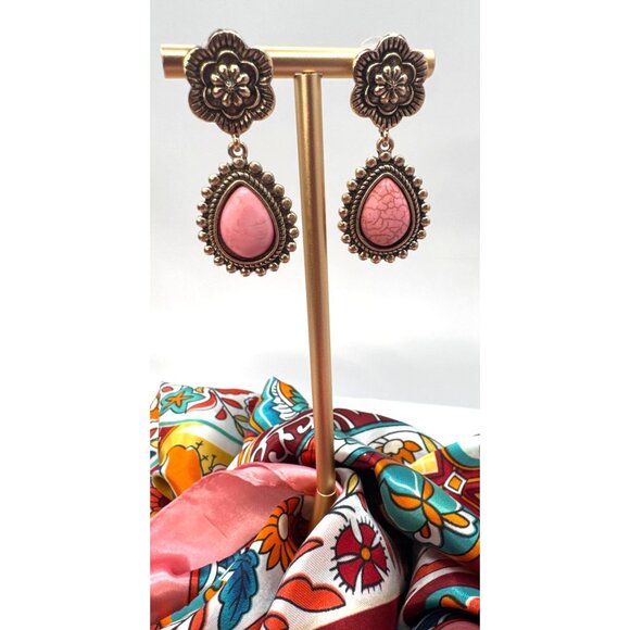 2/$24 Vintage-Style Gold & Pink Teardrop Dangle Earrings With Floral Top - Picture 6 of 7